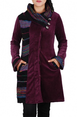 Plum colour velour coat with shawl collar