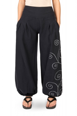 Heavy trousers with swirly embroidery