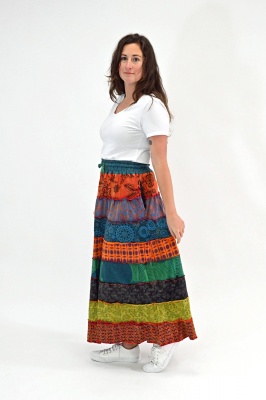 Heavy cotton long tiered patchwork skirt with pockets