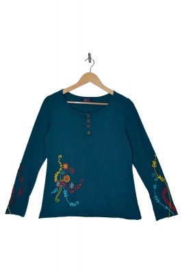 Revived petrol long sleeve top with embroidery