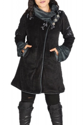 Shawl collar velour coat with swirly embroidery