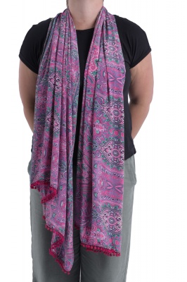 Extra long silky scarf with pom pom trim