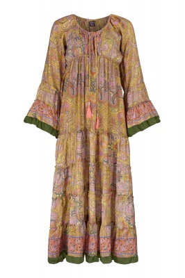 Bohemian style bell sleeves long silky dress - sunrise pink only