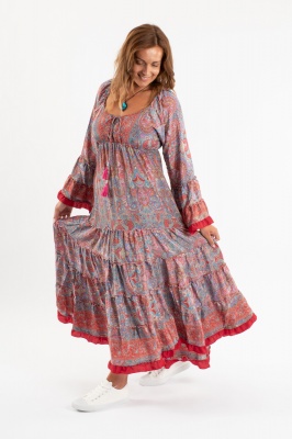 Bohemian style bell sleeves long silky dress - sunrise pink only