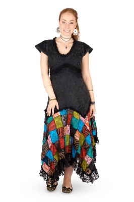 Extra long patchwork dress with cap sleeves - Black S/M only
