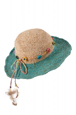 Hemp wire brim flower and feather hat turquoise
