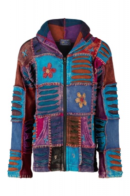 Blue Mix flower embroidery pixie hooded razor cut ethnic hippy hoody boho jacket 