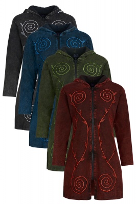 Long pixie hooded jacket with spiral embroidery