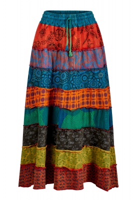 Heavy cotton long tiered patchwork skirt with pockets