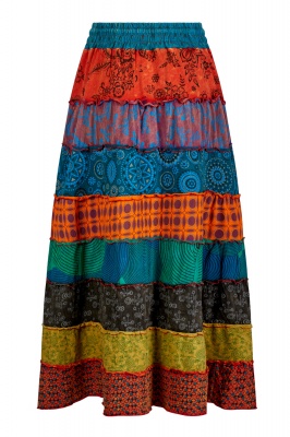 Heavy cotton long tiered patchwork skirt with pockets