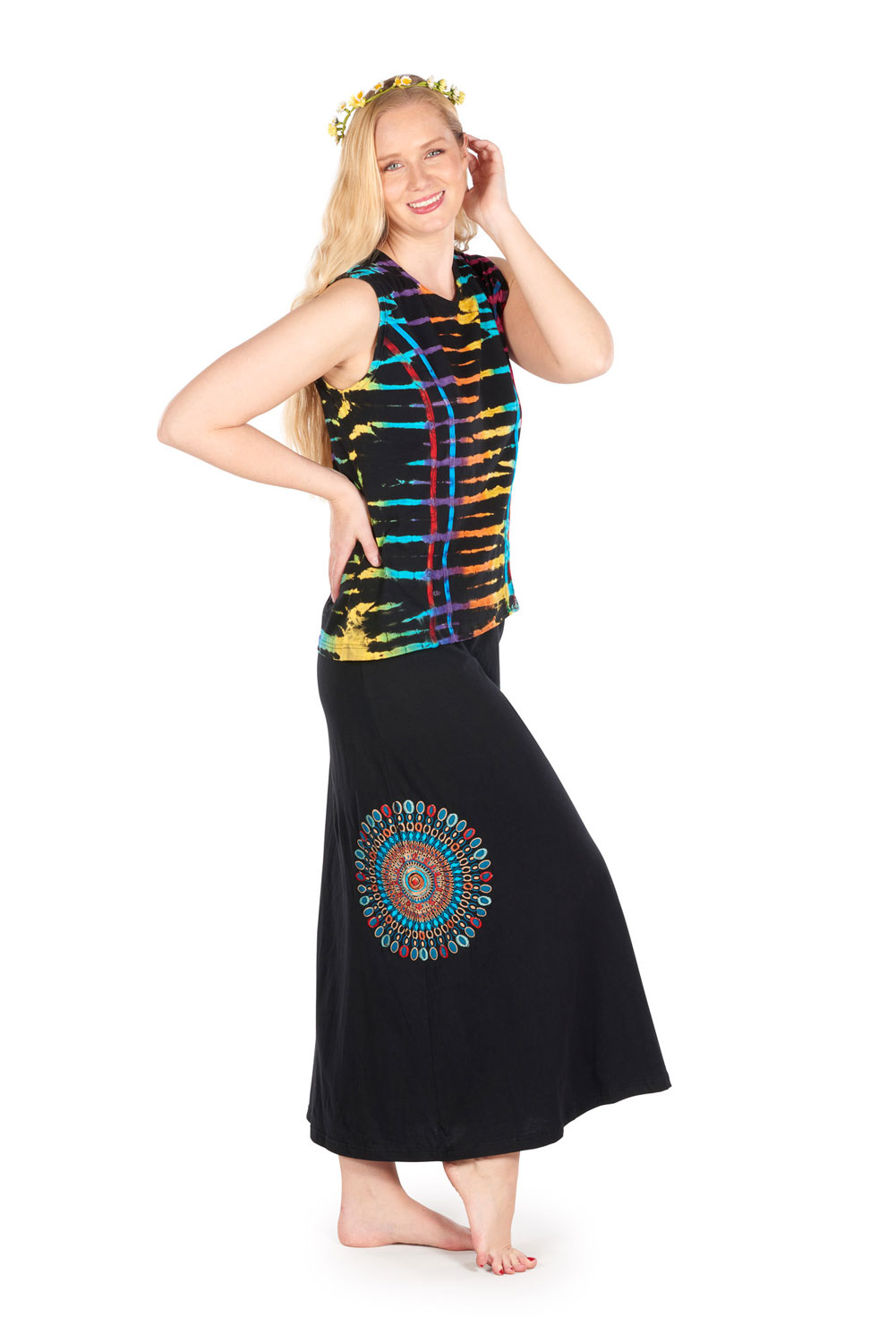 Long black skirt with mandala embroidery