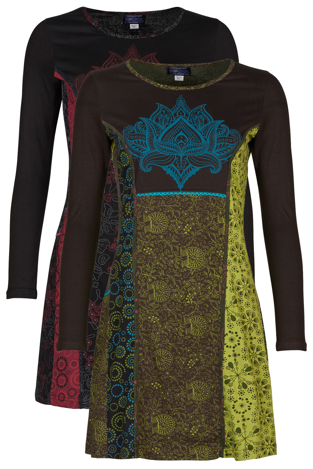 Lotus print long sleeve patchwork dress