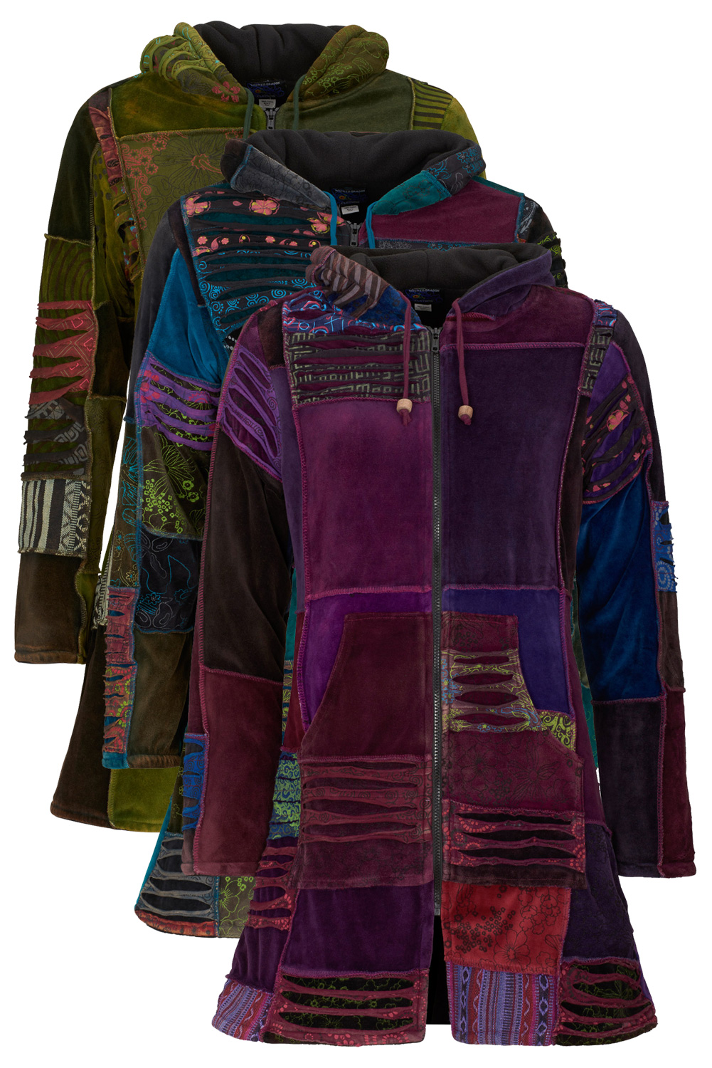 Wicked Dragon Clothing - Long fleece lined velvet patchwork jacket
