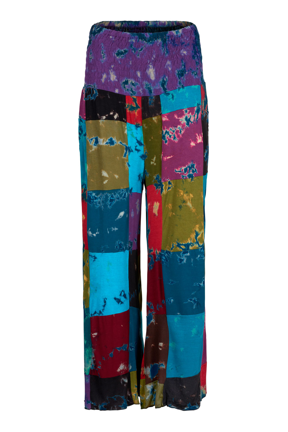 Long patchwork tie dye wide leg trousers