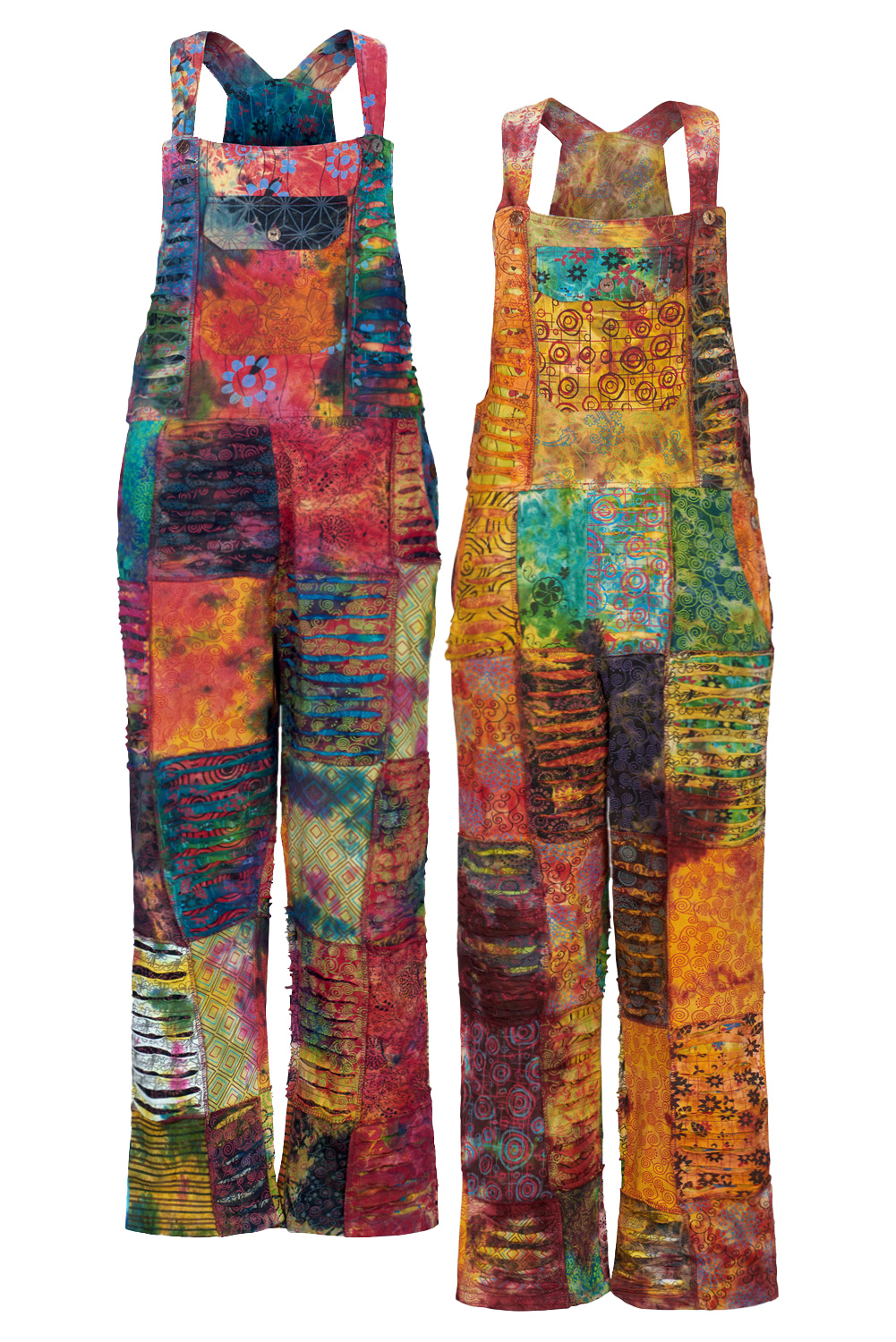 Razor cut cotton tie dye patchwork dungarees