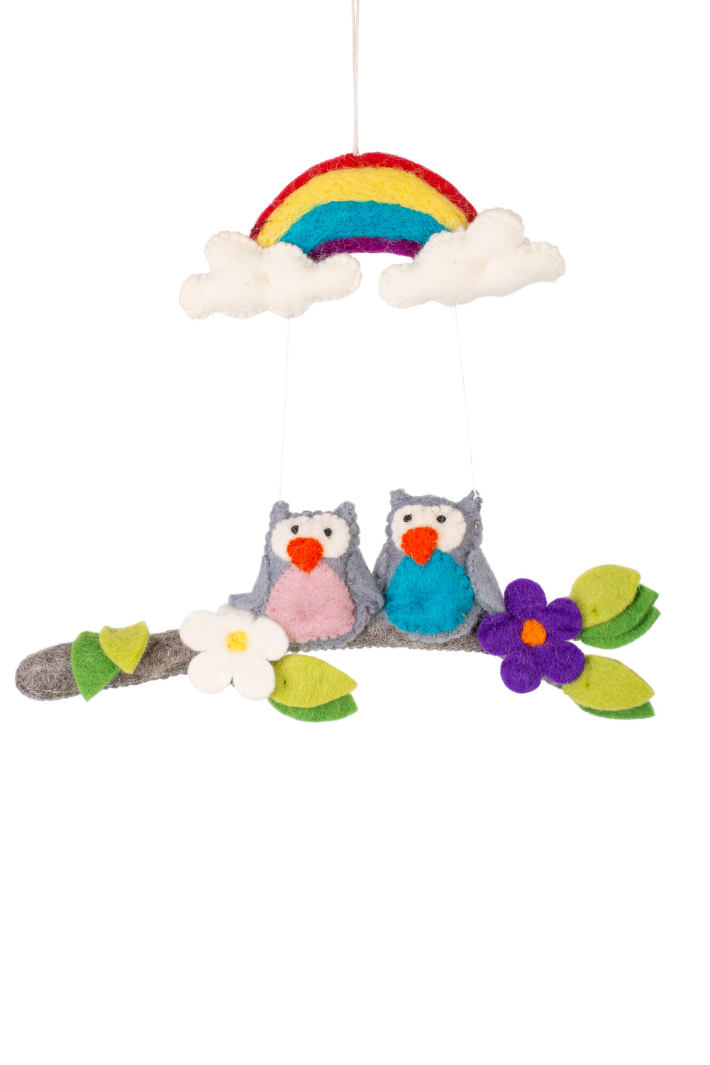 Handmade felted Owls rainbow wall hanging