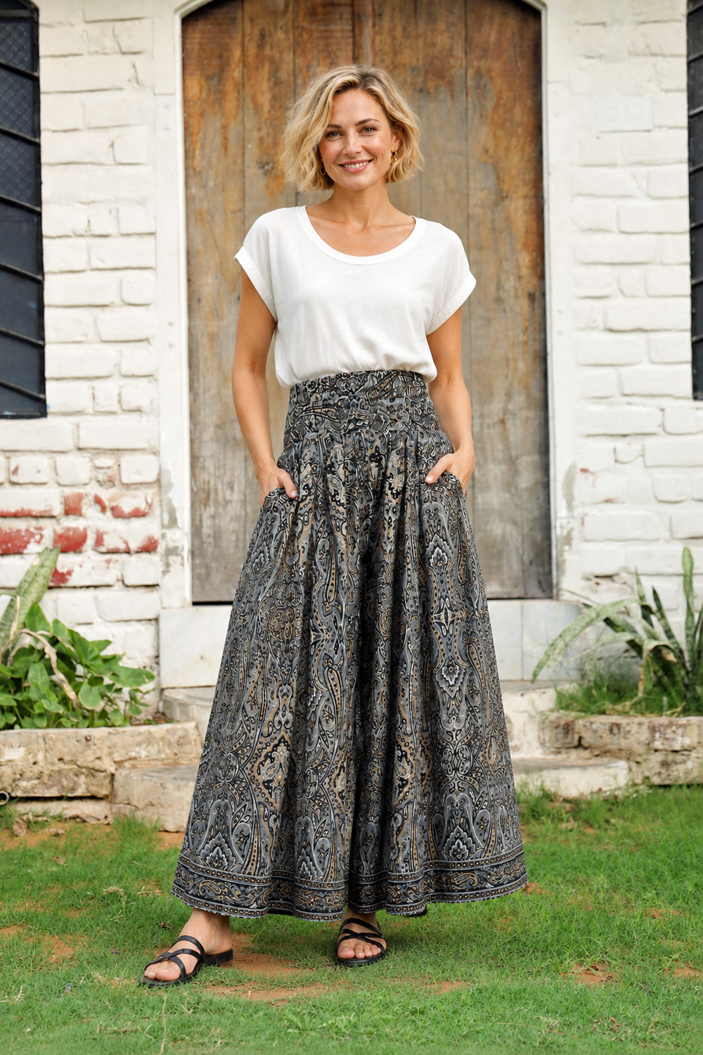 Wicked Dragon Clothing - Viola Charcoal Paisley Palazzo Trousers