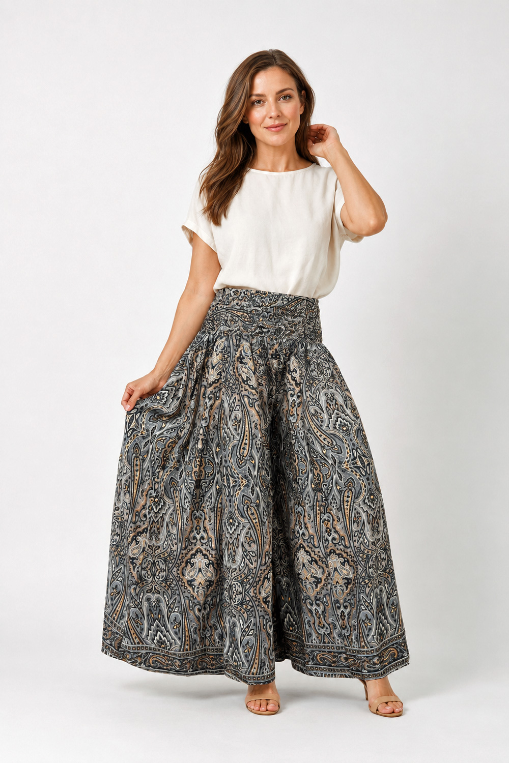 Wicked Dragon Clothing - Viola Charcoal Paisley Palazzo Trousers