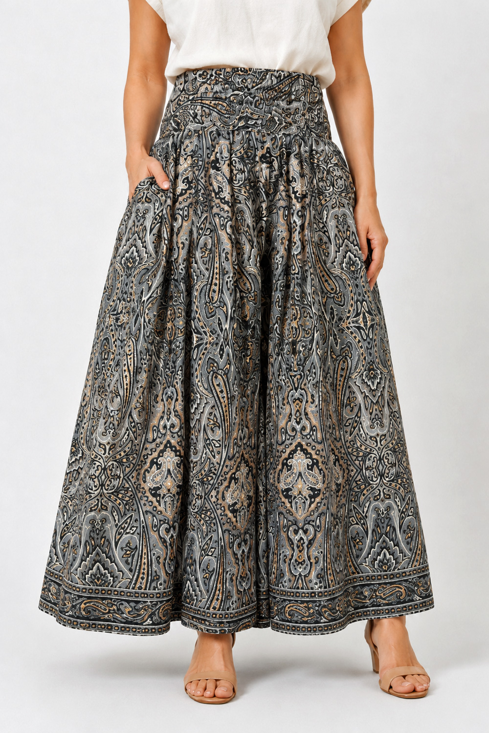 Wicked Dragon Clothing - Viola Charcoal Paisley Palazzo Trousers