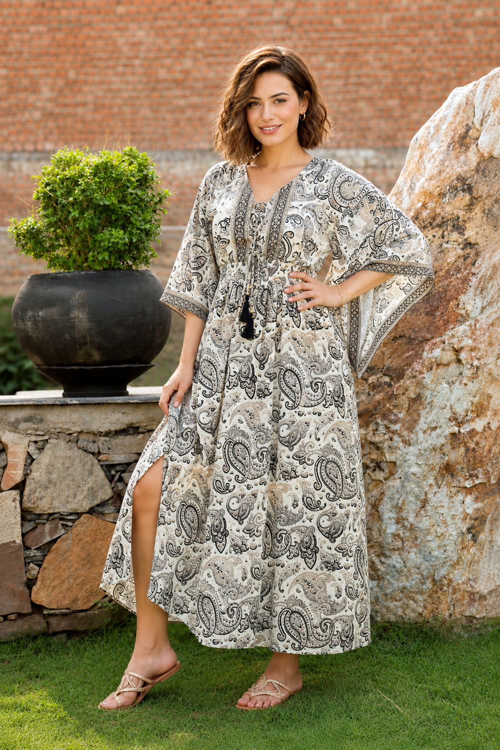 Wicked Dragon Clothing - Sofia Ivory Kaftan Dress | Cream Paisley