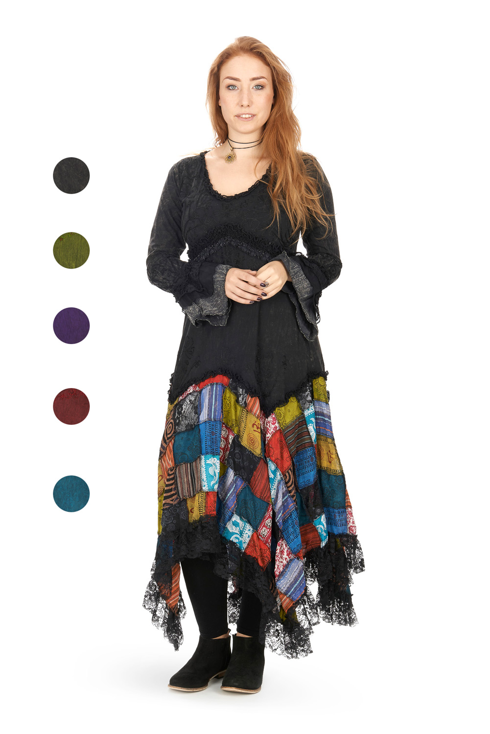 Extra long boho style dress with patchwork skirt