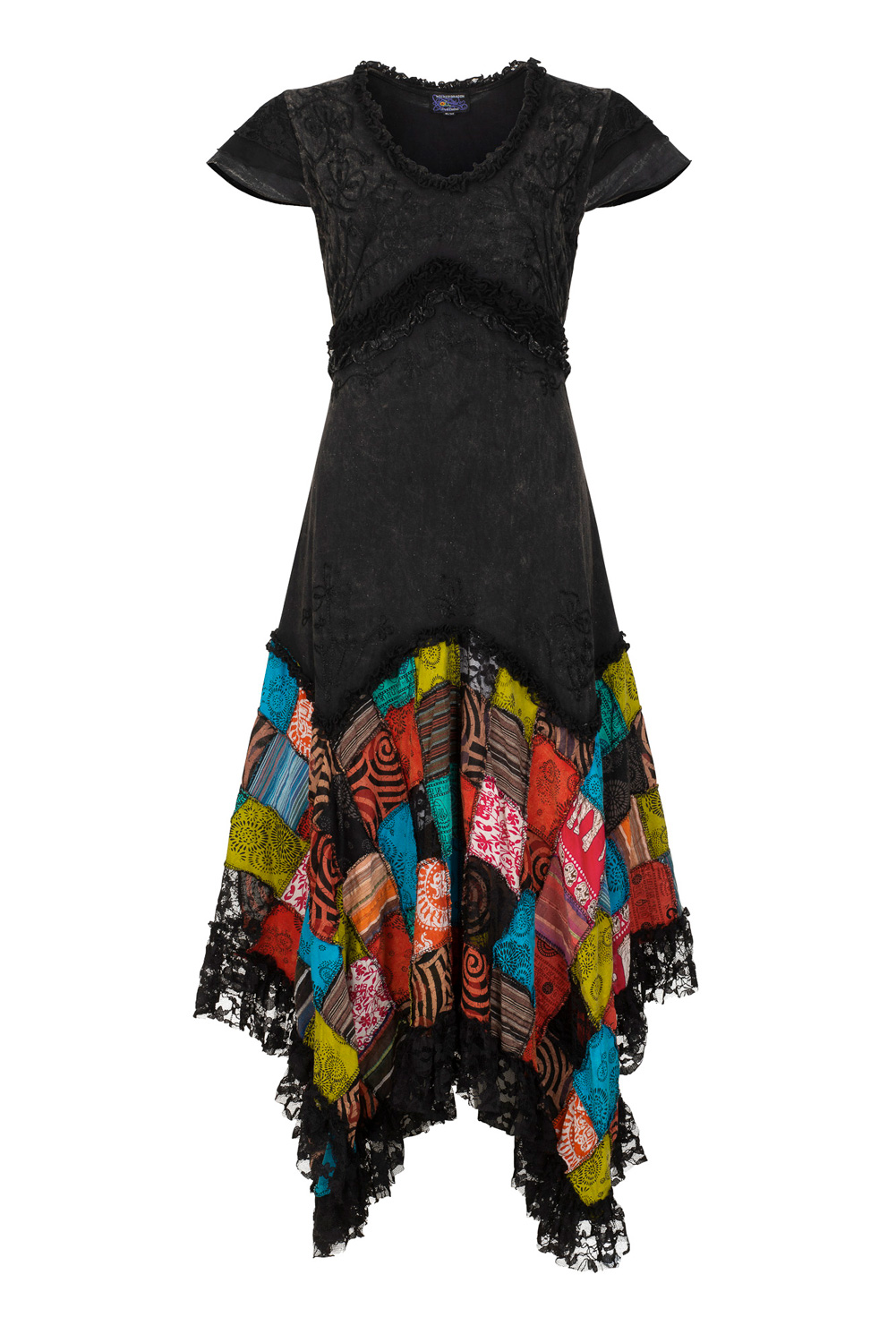 Long patchwork dress with cap sleeves - Black S/M only
