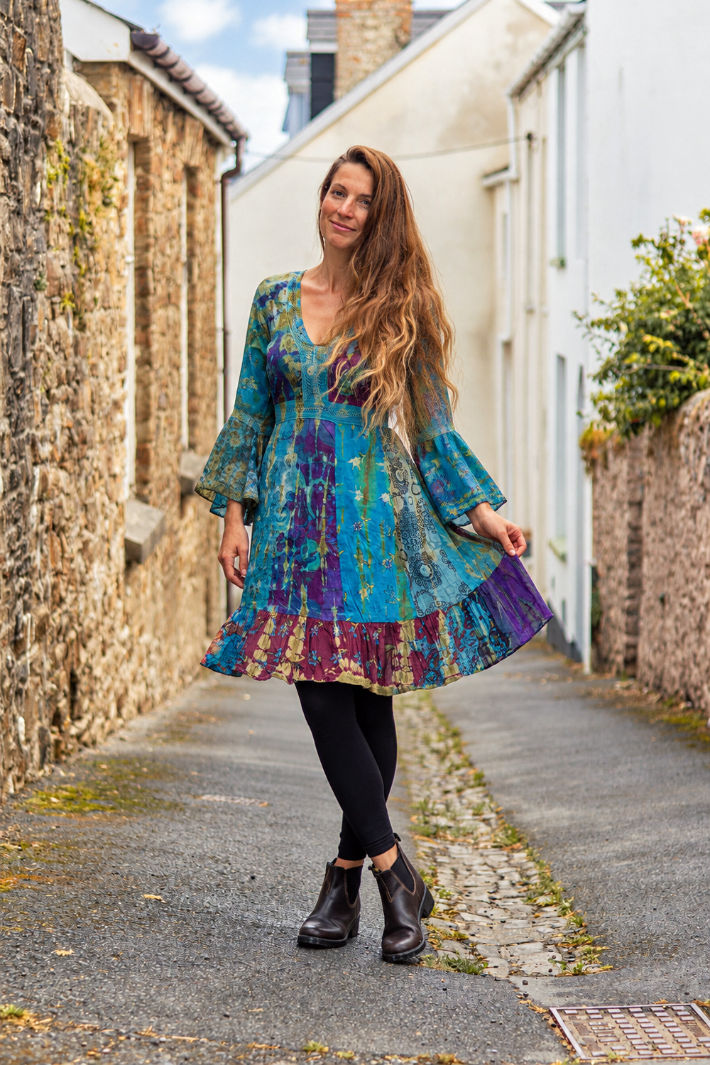 Wicked Dragon Clothing - Sadie Turquoise Knee Length Boho Dress with Pockets