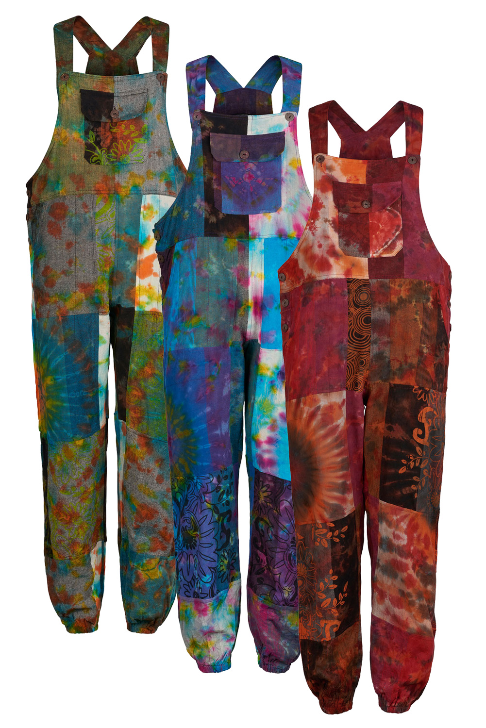 Hippie tie dye patchwork dungarees