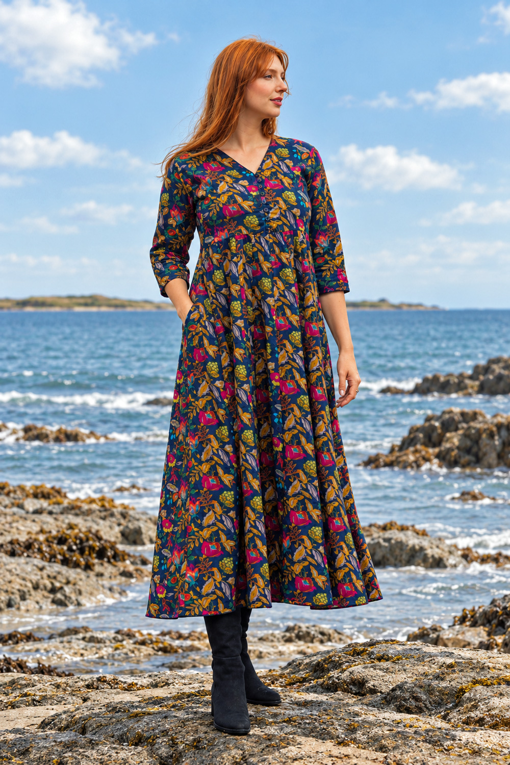 long boho dresses uk Wicked Dragon Clothing - Eva Floral Cotton Midi Dress boho maxi dress