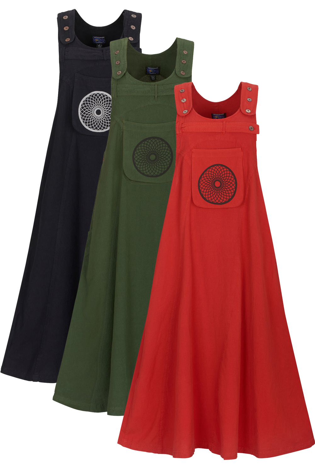 Long pinafore dress with pockets