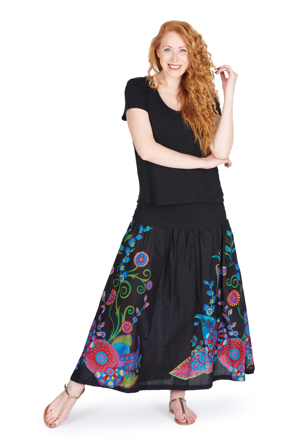 Rainbow flower black skirt with pocket